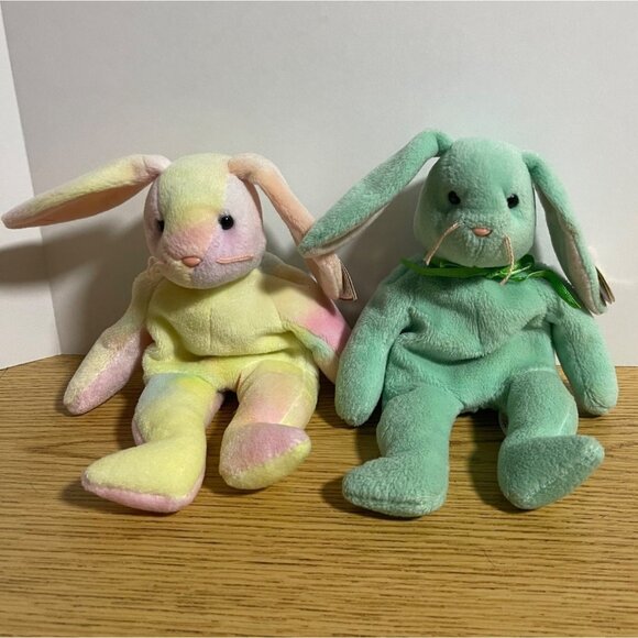 Ty Beanie Babies lot of 2 Green Hippity Tie Dye Hippie Bunny Rabbit Set VTG 96/9 - Picture 1 of 16